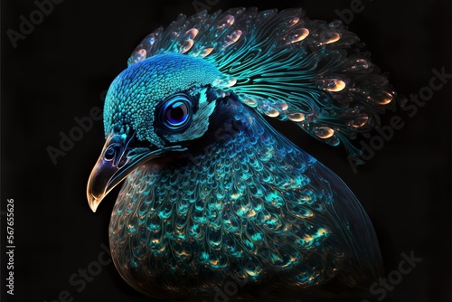 ranslucent bioluminescent transparent crystal animal face, wallpaper background peacock photo