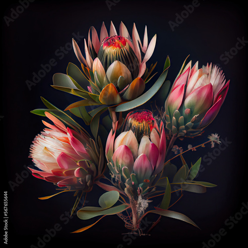 Protea Flower, Vintage Painting, African Protea Drawing Imitation, Luxurious Exotic Flower, Abstract Generative AI Illustration