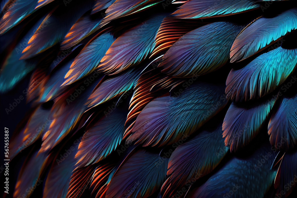 Obraz premium Color Feathers Background, Colored Plumage with a Rainbow Tint, Generative Ai Illustration