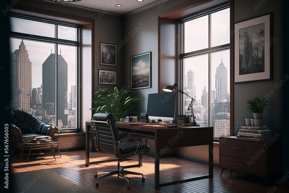 Fototapeta premium modern office interior with desk. generative, ai.