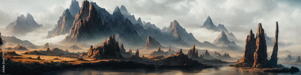 A panoramic painting depicts a dangerous and ominous landscape of mountains and rivers. Dark and foreboding, the artwork captures a haunting atmosphere. Generative AI
