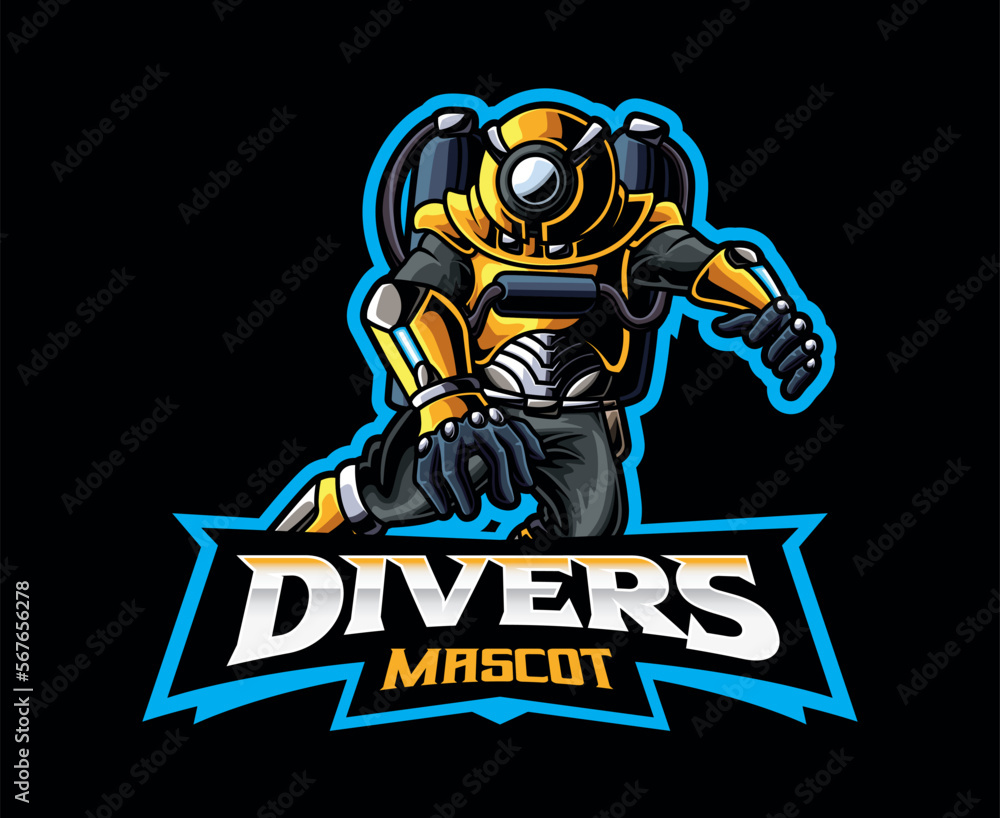 Cyberpunk Diver Mascot Logo. Futuristic Underwater Adventure, Exploring the Depths of a Futuristic Ocean Cyberpunk Diver Mascot Logo. Futuristic Underwater Adventure, Exploring the Depths of a Futuristic Ocean