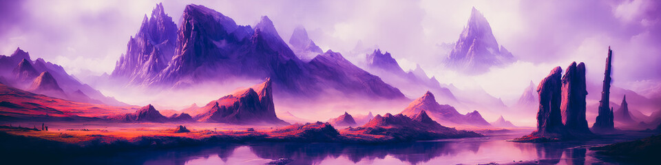 Papier peint photo Pourpre A panoramic painting depicts a dangerous and ominous landscape of mountains and rivers. Dark and foreboding, the artwork captures a haunting atmosphere. Generative AI  © 4K_Heaven