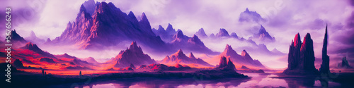 A panoramic painting depicts a dangerous and ominous landscape of mountains and rivers. Dark and foreboding  the artwork captures a haunting atmosphere. Generative AI