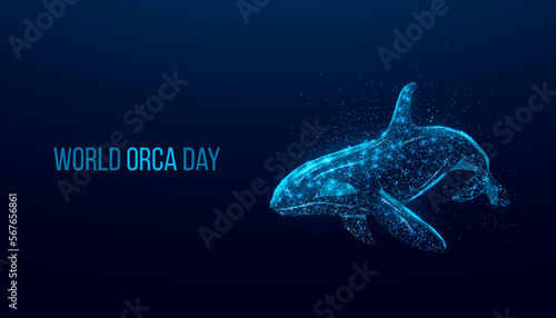 World orca day. Wireframe glowing low poly Orca whale. Design on dark blue background. Abstract futuristic vector illustration