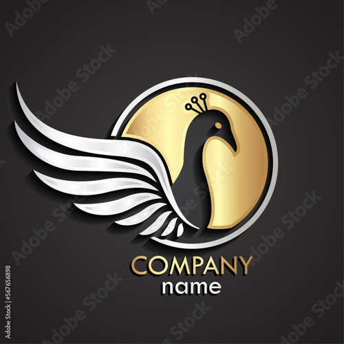 3d winged peacock bird silver gold logo
