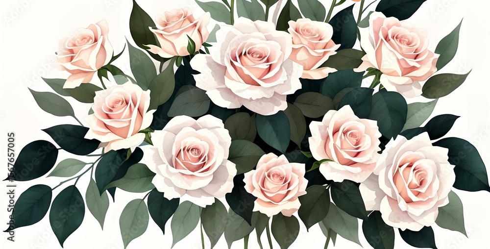 Watercolor bouquet of pink roses with green leaves on a white background, wide and elegant wallpaper, made with generative ai