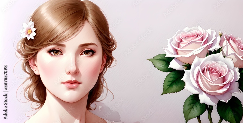 Close up digital painting of a woman with a rose next to her, wide and beautiful elegant wallpaper design, made with generative ai