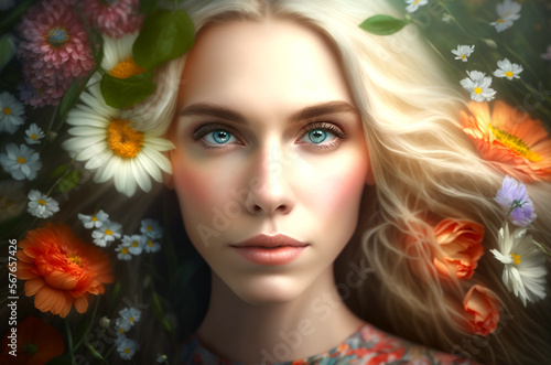 Artistic portrait of a beautiful blonde woman model posing in flowers as a floral painting of spring theme. Illustration created with generative AI tools.