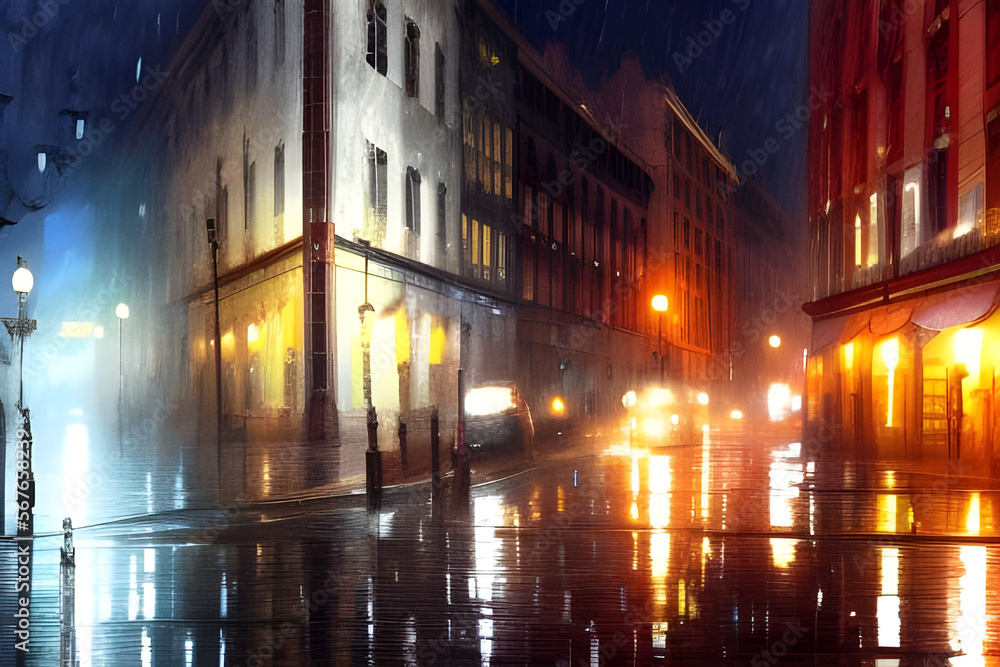 Rainy night in the city. Street lights reflected on wet asphalt. Urban night background. Digital illustration. CG Artwork Background