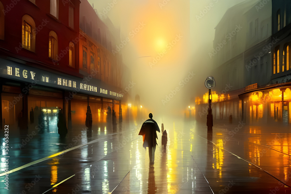 Lonely pedestrian walks in the rain throught a night city. Street lights reflected on wet asphalt. Urban night background. Digital illustration. CG Artwork Background
