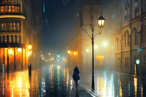 A lone figure walking in the rain throught a night city. Street lights reflected on wet asphalt. Urban night background. Digital illustration. CG Artwork Background