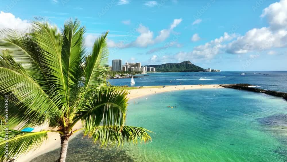 Drone Hawaii. Aerial view Waikiki beach and Diamond Head. iconic symbol of Oahu. Popular tourist landmark near Honolulu. Drone Hawaii. Aerial view Waikiki beach and Diamond Head. iconic symbol of Oahu. Popular tourist landmark near Honolulu.