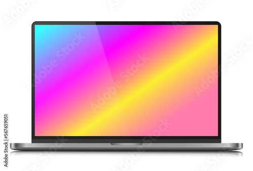 The layout of a modern laptop in a silver thin metal case. Realistic laptop with a color gradient screen and reflection on a white background. Vector illustration.