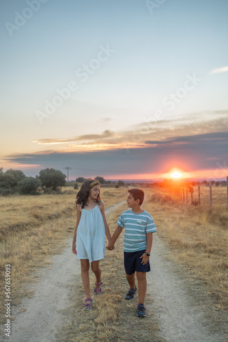 Two kids with holding hands walking in a countryside at sunset