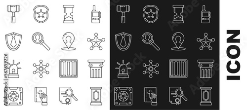 Set line Stage stand or debate podium rostrum, Law pillar, Hexagram sheriff, Old hourglass, Magnifying for search, Tie, Judge gavel and Map marker with silhouette of person icon. Vector