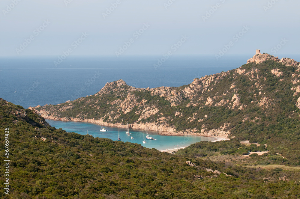 Veduta dall'alto della baia di Roccapina, Corsica, Francia