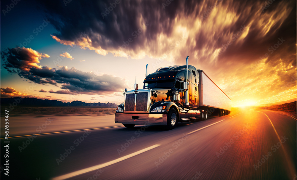The truck is driving on the highway against the backdrop of sunset. Cargo transportation concept The truck is driving on the highway against the backdrop of sunset. Cargo transportation concept