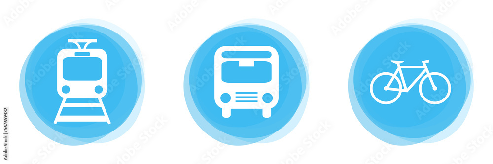 Weiße Icons auf hellblauen Buttons: Zug, Bus und Fahrrad Weiße Icons auf hellblauen Buttons: Zug, Bus und Fahrrad