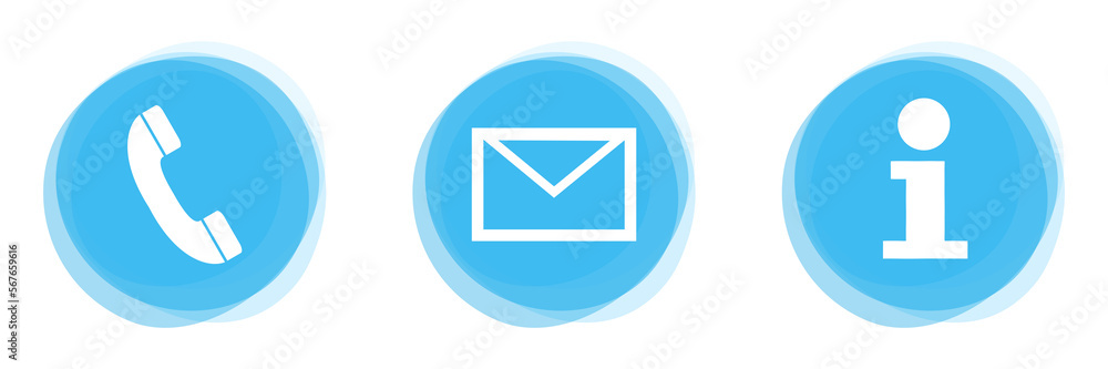 Weiße Icons auf hellblauen Buttons: Kontakt, Support, Hotline und Info Weiße Icons auf hellblauen Buttons: Kontakt, Support, Hotline und Info
