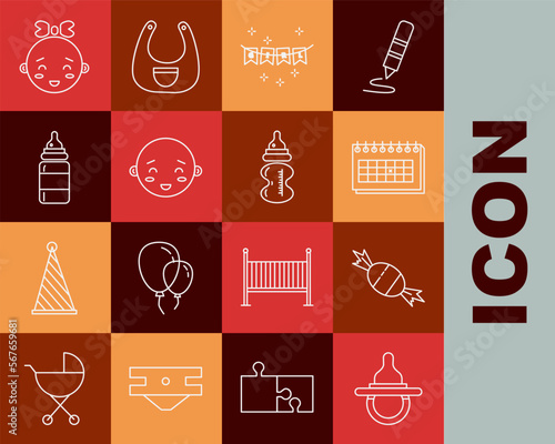 Set line Baby dummy pacifier, Candy, Calendar, Carnival garland with flags, Happy little boy head, bottle, girl and icon. Vector