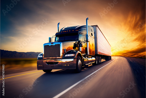 The truck is driving on the highway against the backdrop of sunset. Cargo transportation concept
