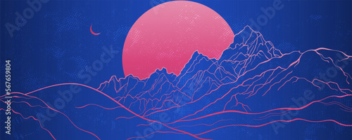 Big Moon and Mountains in cosmic , a linear layout for the background. Futuristic landscape in the colors of magenta lines and blue. Retrowave style is suitable for print on the wall, invitation.