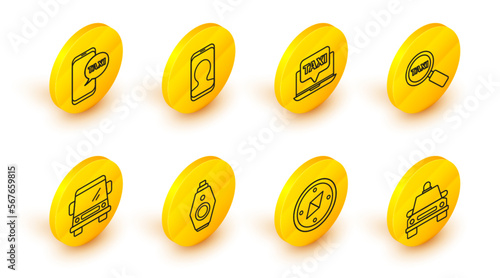 Set line Taxi car, Compass, Car key with remote, Magnifying glass and taxi, Laptop call service, telephone and icon. Vector