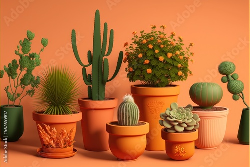 Various types of house plants clay pots on orange background. Generative AI