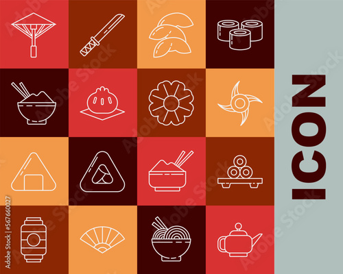 Set line Japanese tea ceremony, Sushi cutting board, ninja shuriken, Chinese fortune cookie, Khinkali, Rice bowl with chopstick, umbrella from the sun and Flower icon. Vector