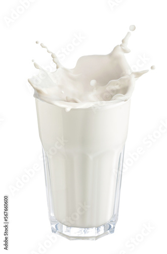 Glass of milk with splash isolated. png transparency