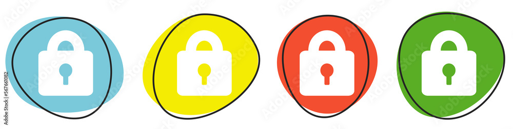 Banner mit 4 bunten Buttons: Schloss, Datensicherheit oder Verschlüsselung Banner mit 4 bunten Buttons: Schloss, Datensicherheit oder Verschlüsselung