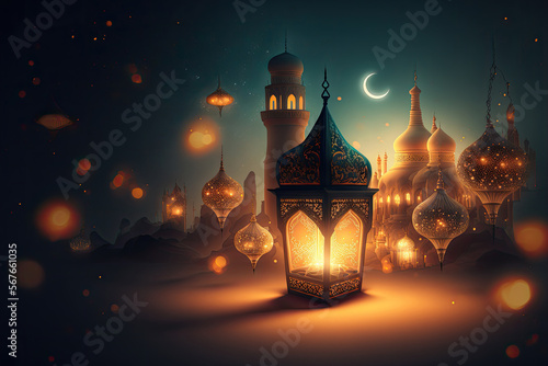 arabic lantern of ramadan celebration background illustration. copy space background. Generative Ai