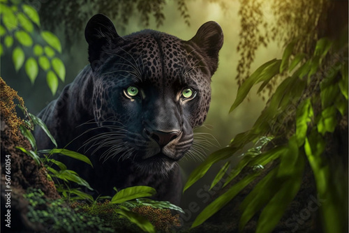 Fotografie Panther portrait, black wild spotted cat animal, hiding in jungle near trees pla