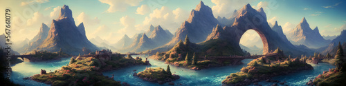 Breathtaking panoramic painting of mountains  river  bridges  and sunny weather in a fantasy  fairytale-like atmosphere. Generative AI