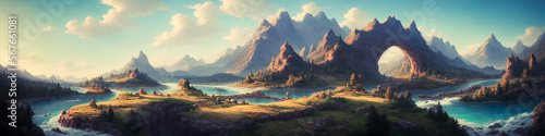 Breathtaking panoramic painting of mountains, river, bridges, and sunny weather in a fantasy, fairytale-like atmosphere. Generative AI