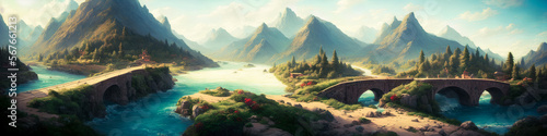 Breathtaking panoramic painting of mountains, river, bridges, and sunny weather in a fantasy, fairytale-like atmosphere. Generative AI