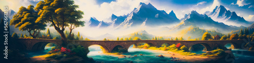 Panoramic sunset in the bridge on mountains landscape. Generative AI