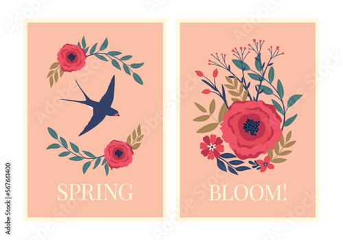 Design of spring posters with floral composition  swallow and text  Bloom     Spring . Illustrations of flowers  peony  berries  plants  leaves in romantic vintage flat style in pastel colors.