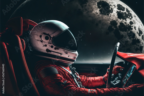 Astronaut fliegt mit roten Rennwagen zum Mond
