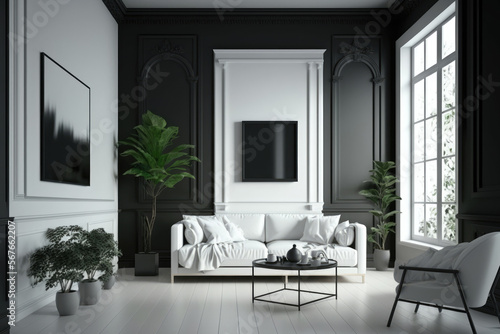elegant Dark matte and white color living room interior simple an clean with empty mock up place on wall. 3D rendering. Generative ai