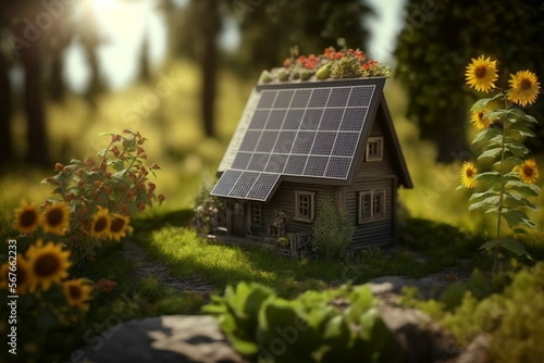 Little wooden house in a garden with solar panels on the roof and sun