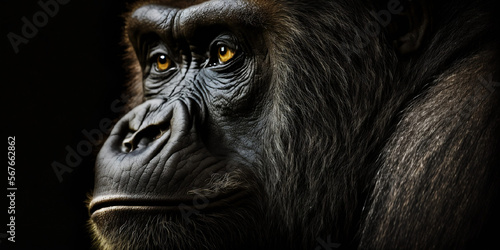 Visage d'un gorille en gros plan sur fond noir, format panoramique - illustration ai