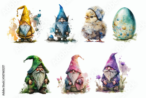 Watercolor set of Easter gnome Easter eggs and chicks. Hand-drawn illustration isolated on white background in boho style.