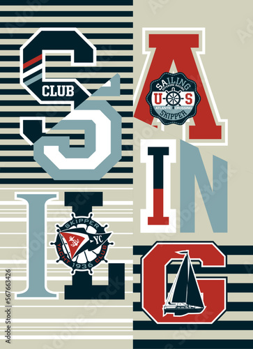 Skipper kid sailing yacht club nautical elements patchwork vector print for boy  kid marine wear t shirt