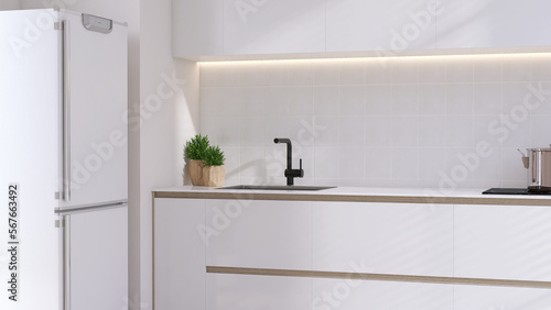 Modern  clean  minimal  luxury white wooden kitchen counter with sink  faucet  houseplant  induction cooktop  cupboard and refrigerator with square tile splashback wall for product background 3D