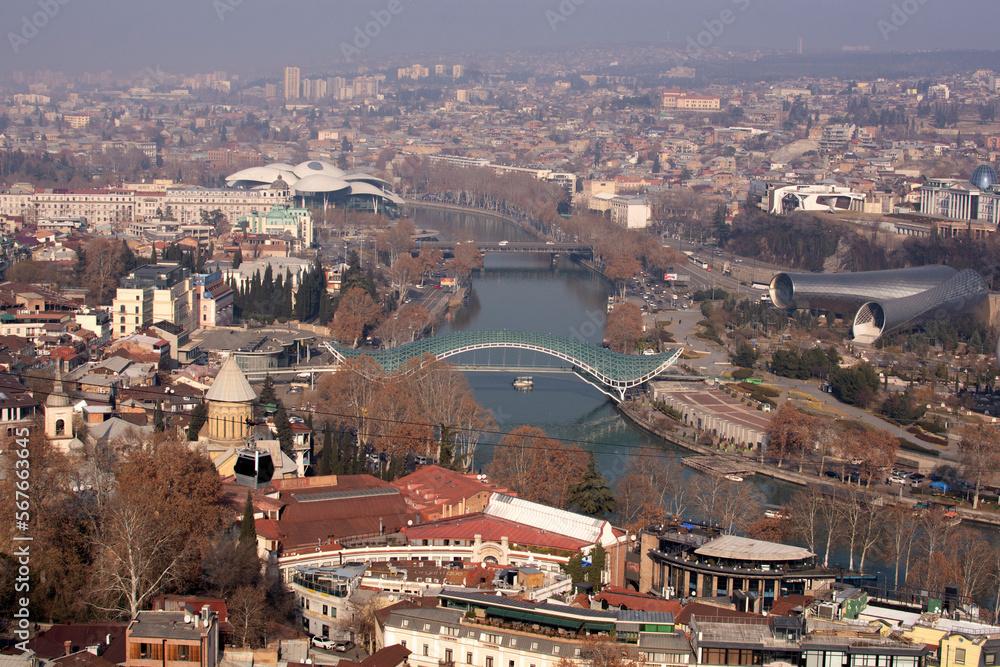 TBILISI, GEORGIA - JANUARY 18, 2023 : View of center of Tbilisi from Narikala Fortress.