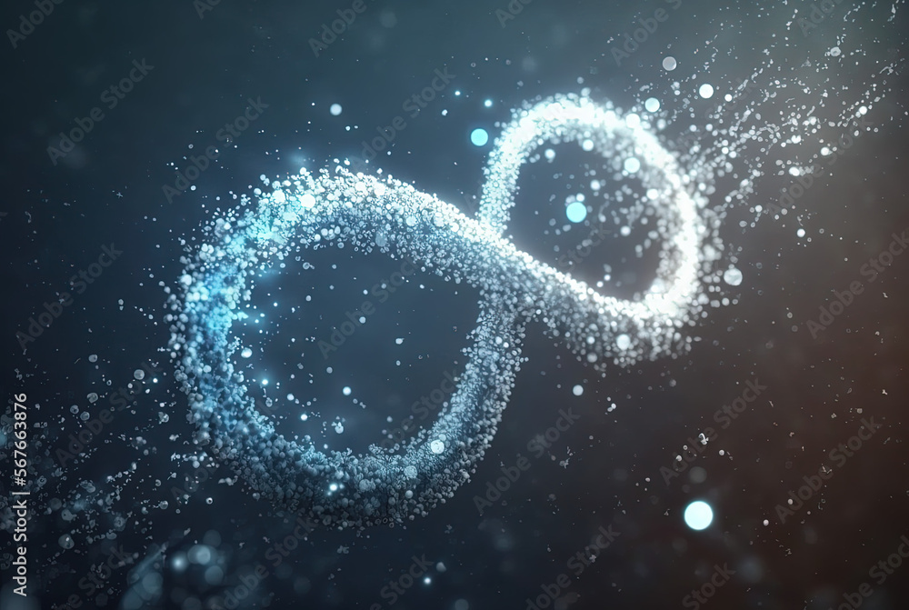 Infinity symbol, white particles, bokeh. Generative AI. Infinity symbol, white particles, bokeh. Generative AI.
