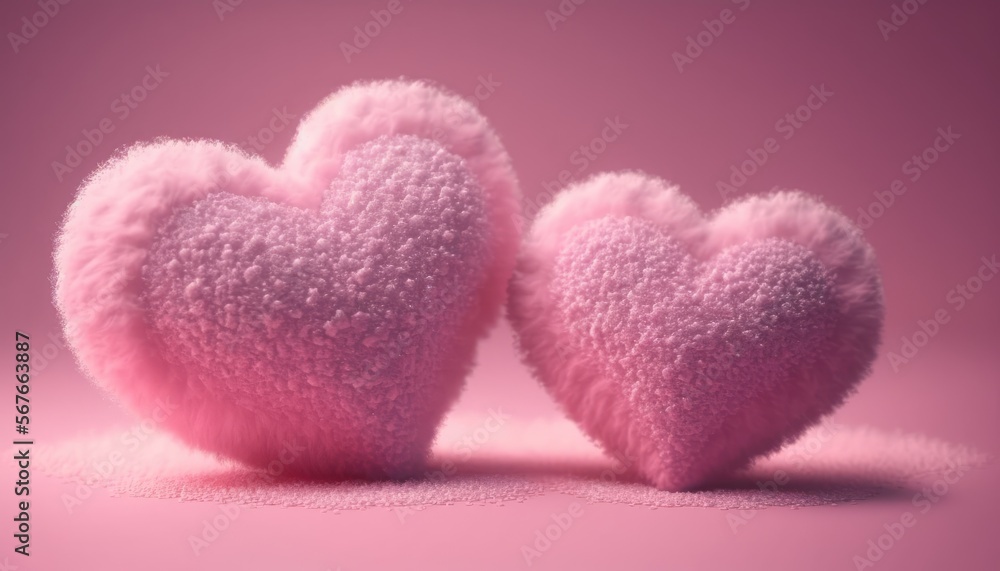Two furry hearts on pink background. Valentine's Day card. Romance and love concept. Generative ai.