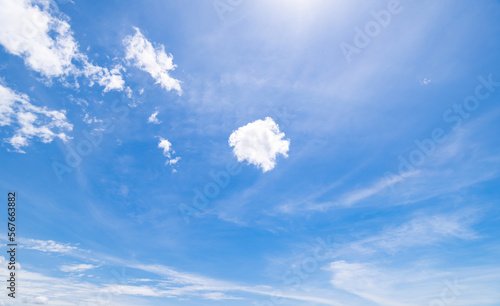 Panoramic view of clear blue sky and clouds, Blue sky background with tiny clouds. White fluffy clouds in the blue sky.
 photo